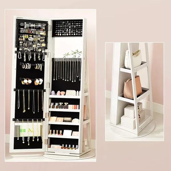 Armoire à bijoux pivotante sur pieds 3-en-1 avec grand miroir et étagères - H160 cm