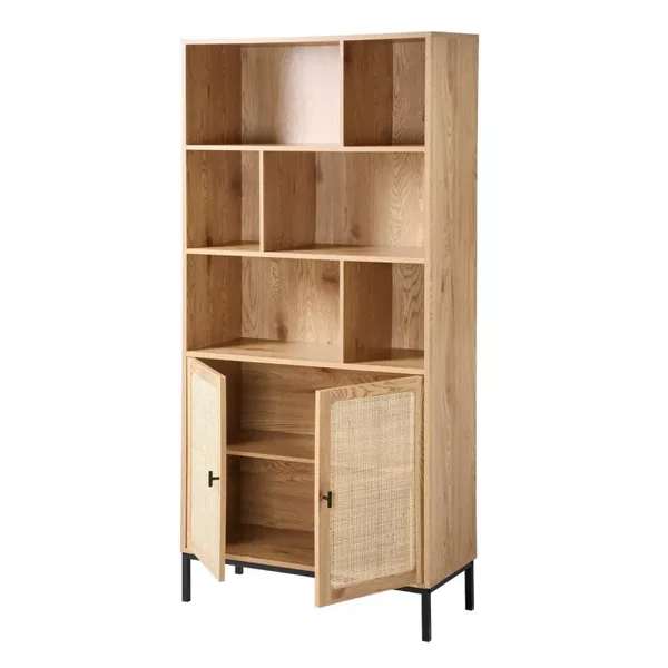 Bibliothèque 6 Cases et 2 Portes en Rotin Naturel H175cm - JAYA