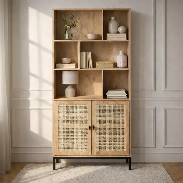 Bibliothèque 6 Cases et 2 Portes en Rotin Naturel H175cm - JAYA