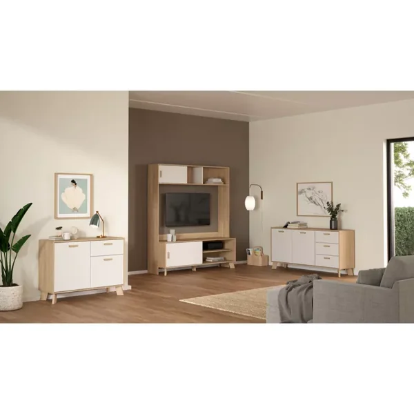Buffet 2 portes, 3 tiroirs décor chêne et blanc L147,2 cm - STORM