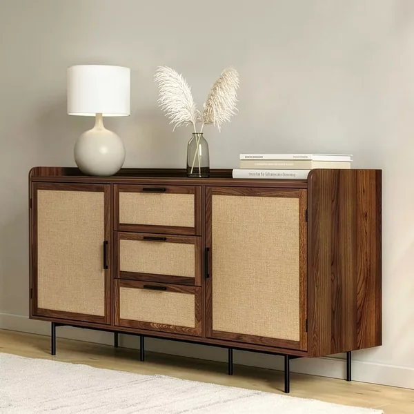 Buffet 2 portes 3 tiroirs décor noyer et façades en tissu L140 cm - JETSON
