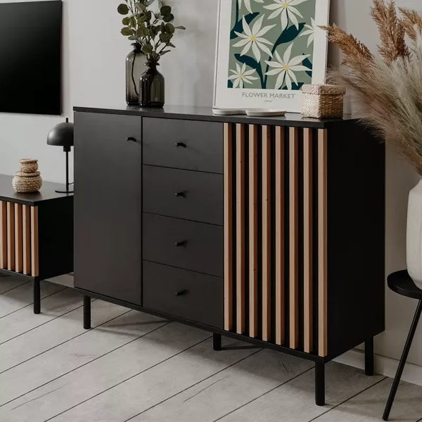 Buffet 2 Portes 4 Tiroirs Noir et Bois L118 cm - MONZA