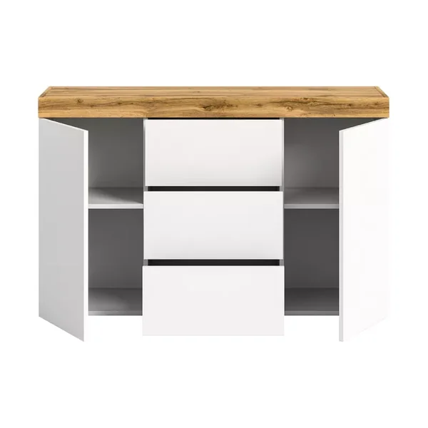Buffet 2 portes et 3 tiroirs blanc et chêne wotan L125 cm - MALIBU