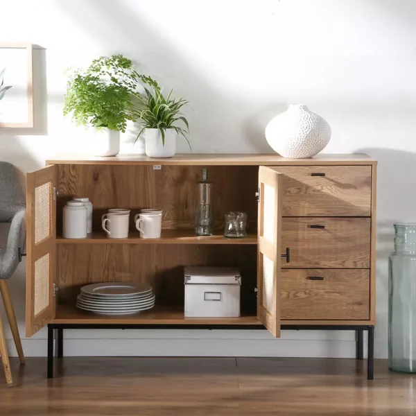 Buffet 2 portes et 3 tiroirs en rotin L120 cm - JAYA