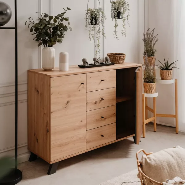 Buffet 2 portes et 4 tiroirs décor chêne artisan L118 cm - LUBLIN