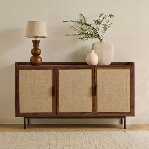 Buffet 3 portes décor noyer avec façades en tissu L140 cm - JETSON