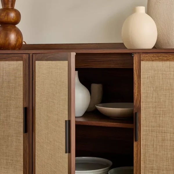 Buffet 3 portes décor noyer avec façades en tissu L140 cm - JETSON