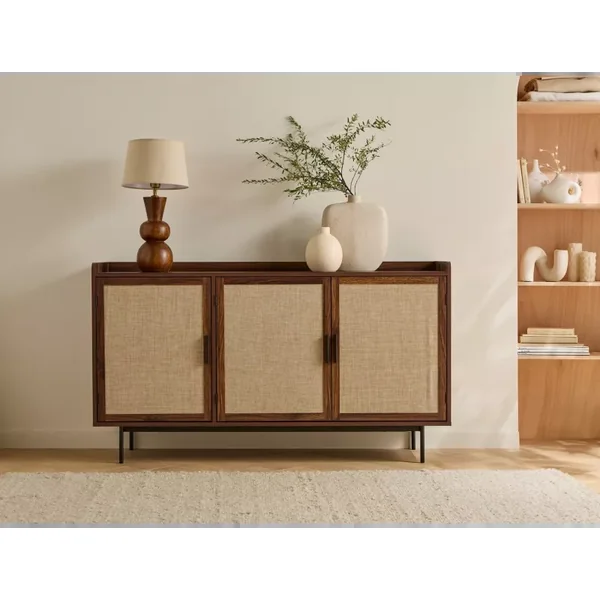 Buffet 3 portes décor noyer avec façades en tissu L140 cm - JETSON