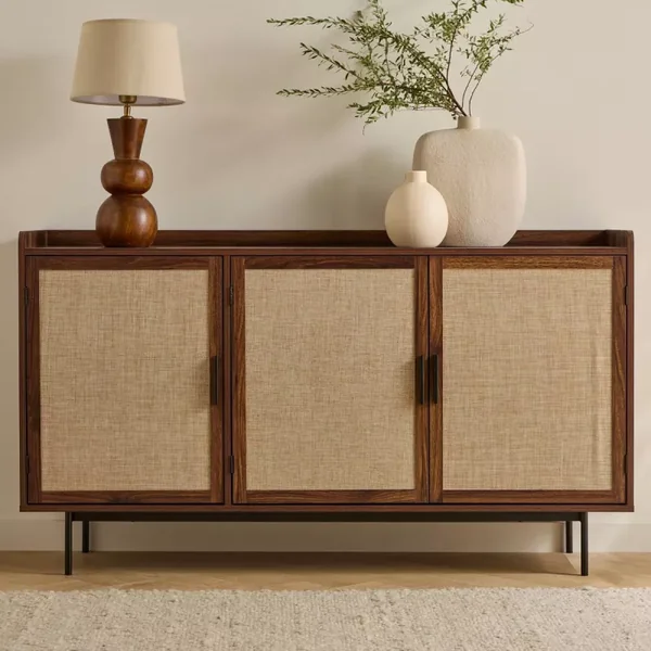 Buffet 3 portes décor noyer avec façades en tissu L140 cm - JETSON