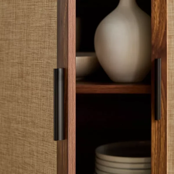 Buffet 3 portes décor noyer avec façades en tissu L140 cm - JETSON