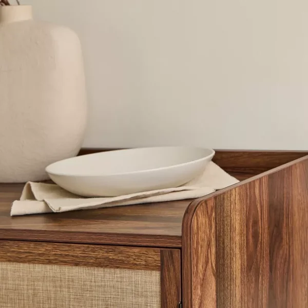 Buffet 3 portes décor noyer avec façades en tissu L140 cm - JETSON