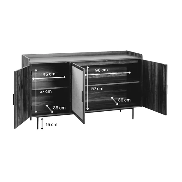 Buffet 3 portes décor noyer avec façades en tissu L140 cm - JETSON