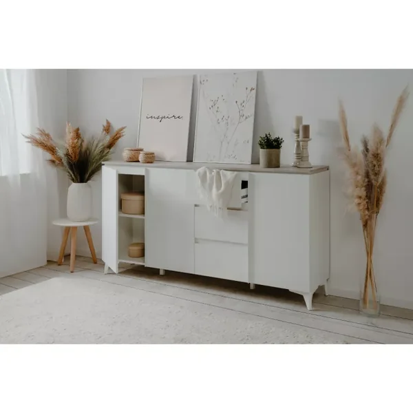 Buffet 3 portes et 3 tiroirs décor travertin et blanc L177cm - BERTRIX