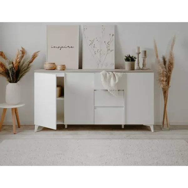 Buffet 3 portes et 3 tiroirs décor travertin et blanc L177cm - BERTRIX