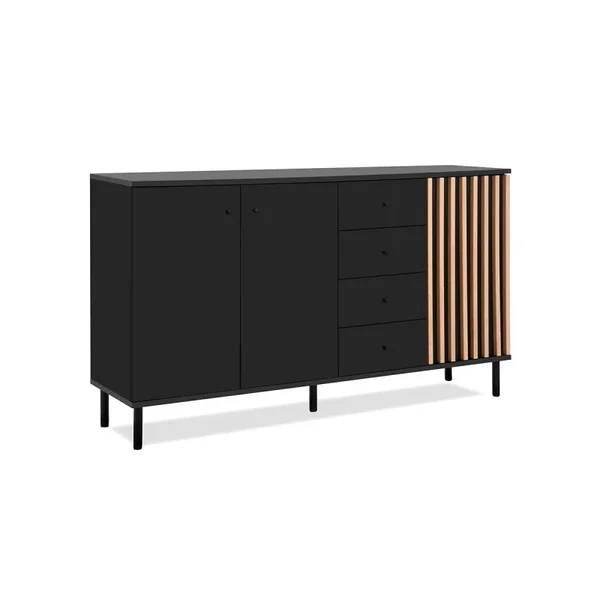 Buffet 3 portes et 4 Tiroirs Noir et Bois L160 cm - MONZA