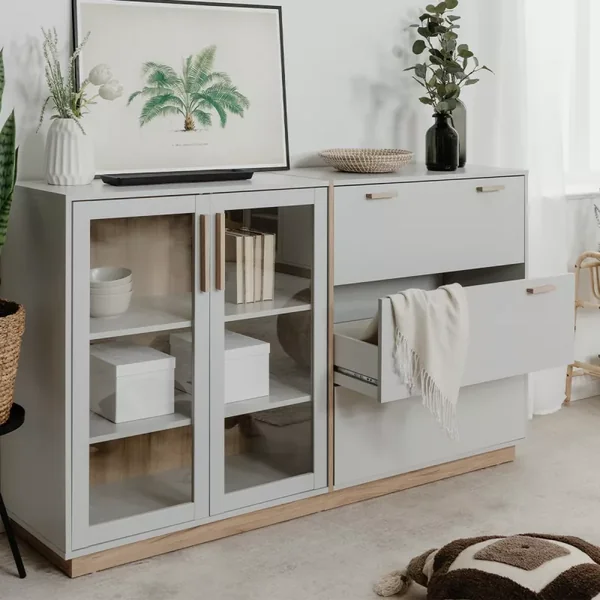 Buffet 3 Tiroirs et 2 Portes Vitrées Décor Blanc et Bois L162,5 cm - SPLIT