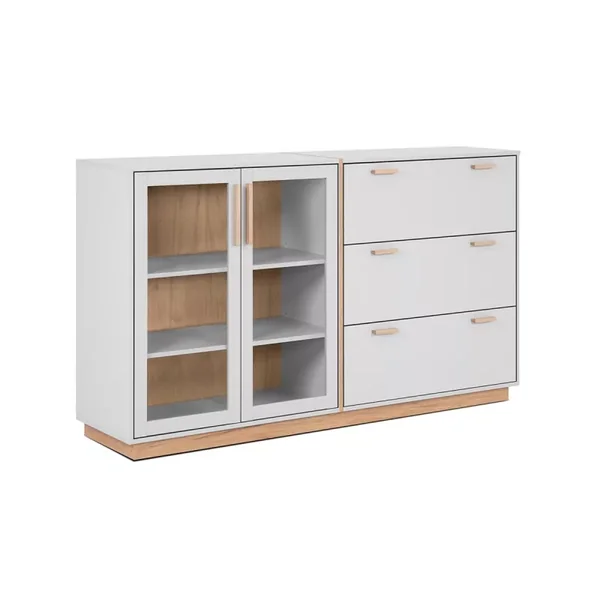 Buffet 3 Tiroirs et 2 Portes Vitrées Décor Blanc et Bois L162,5 cm - SPLIT