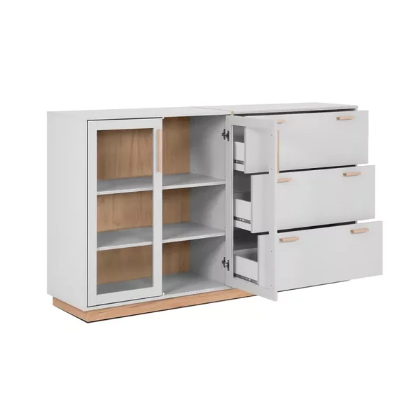 Buffet 3 Tiroirs et 2 Portes Vitrées Décor Blanc et Bois L162,5 cm - SPLIT