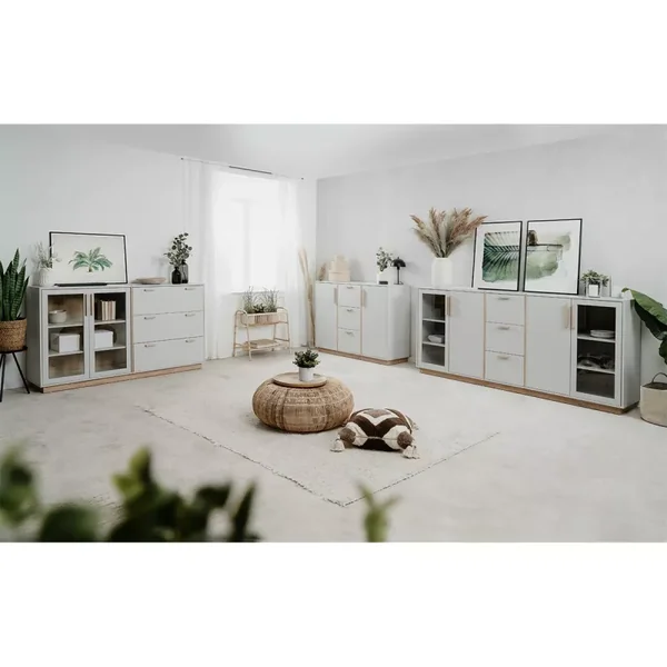 Buffet 3 Tiroirs et 2 Portes Vitrées Décor Blanc et Bois L162,5 cm - SPLIT