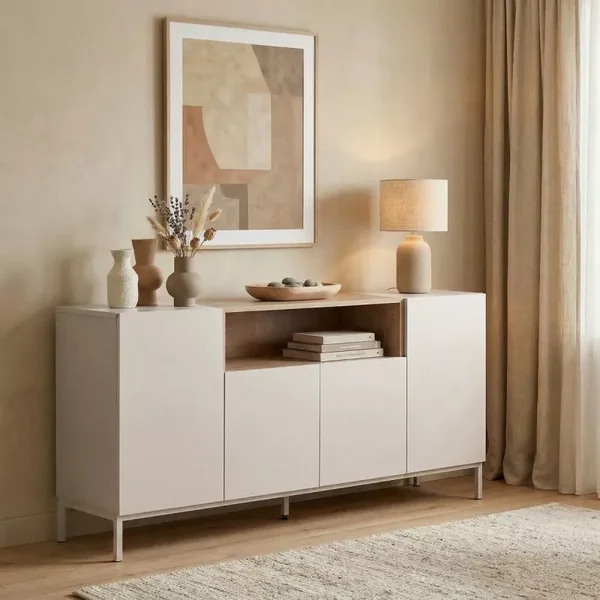 Buffet 4 portes 1 niche décor cachemire et bois L160 cm - OLIVER