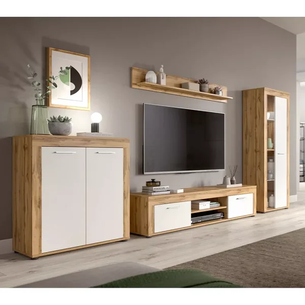 Buffet haut 2 portes blanc et chêne wotan L80 cm - AOSTA