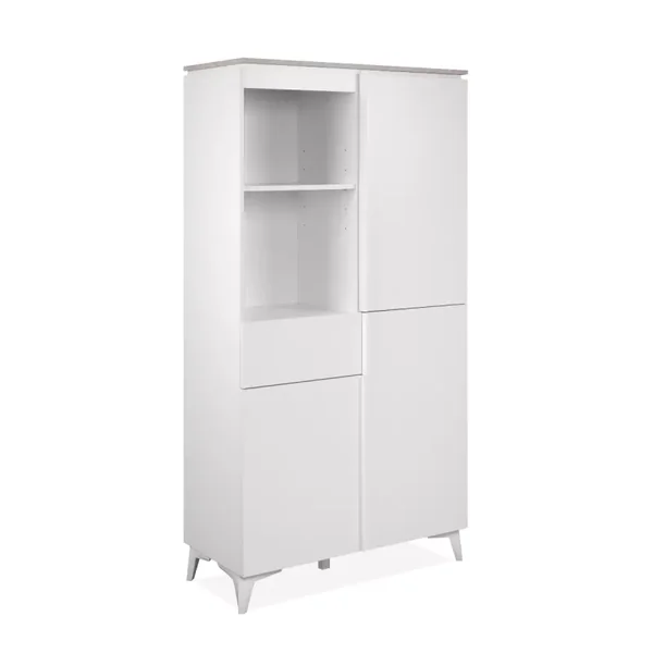 Buffet haut 3 portes, 3 étagères, 1 tiroir, et 2 niches décor travertin et blanc L88cm - BERTRIX