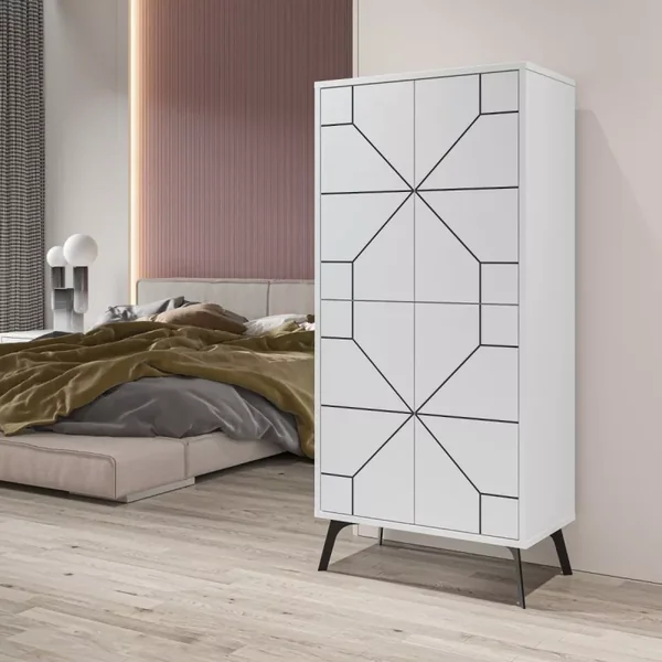 Buffet haut 4 portes blanches avec décors noirs H136 cm - Dune