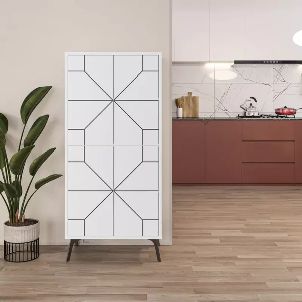 Buffet haut 4 portes blanches avec décors noirs H136 cm - Dune