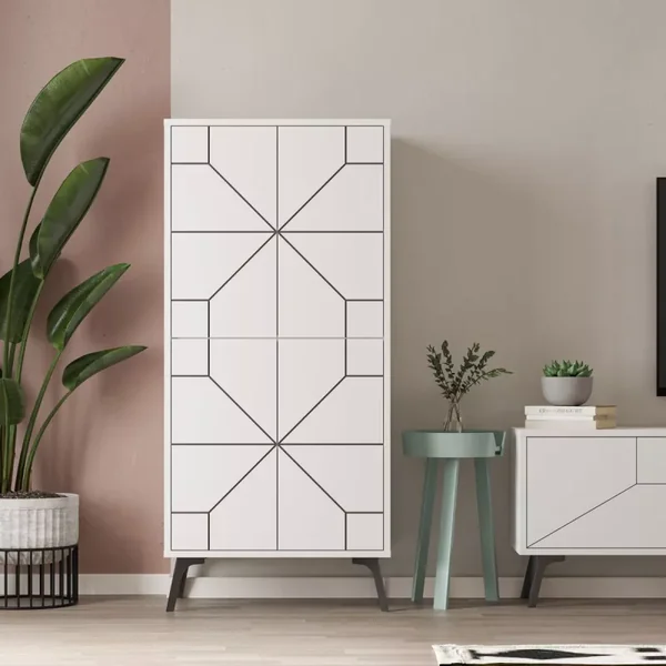 Buffet haut 4 portes blanches avec décors noirs H136 cm - Dune