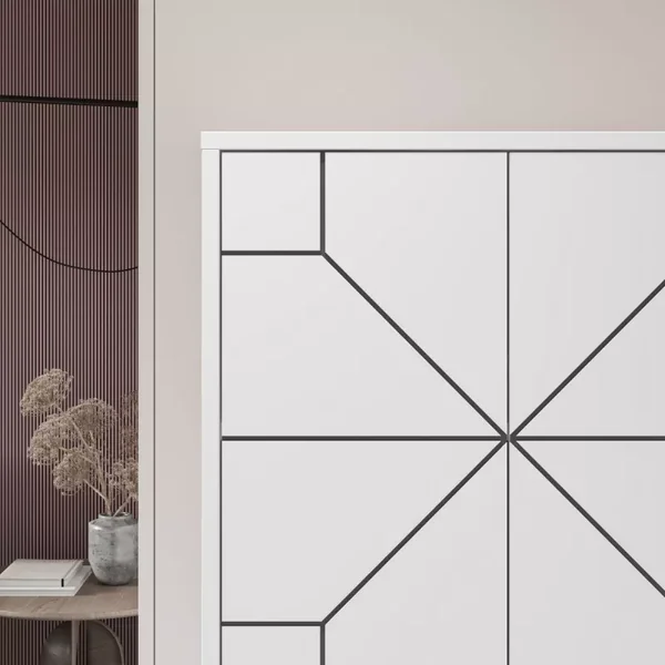 Buffet haut 4 portes blanches avec décors noirs H136 cm - Dune