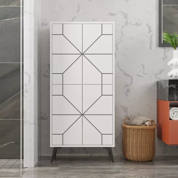 Buffet haut 4 portes blanches avec décors noirs H136 cm - Dune