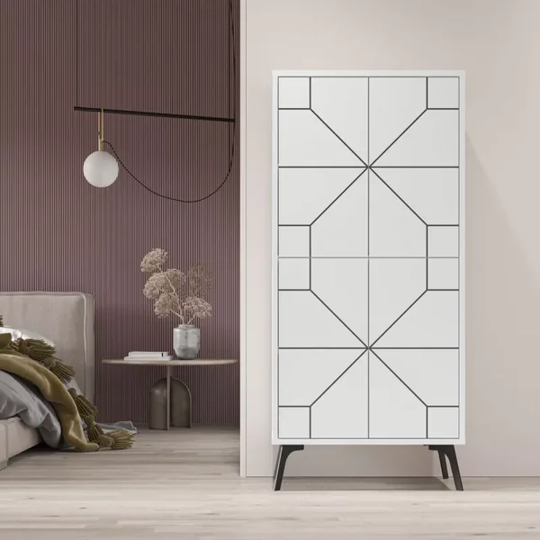 Buffet haut 4 portes blanches avec décors noirs H136 cm - Dune