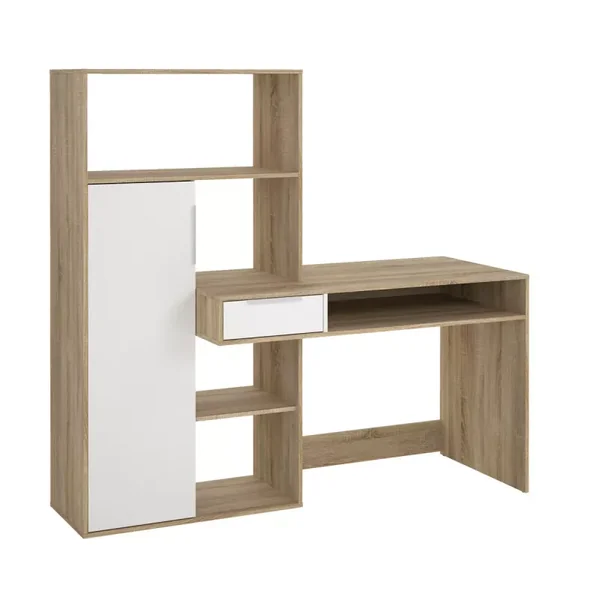Bureau 1 tiroir, 1 porte, 5 niches décor chêne et blanc L162,8 cm - FUNCTION