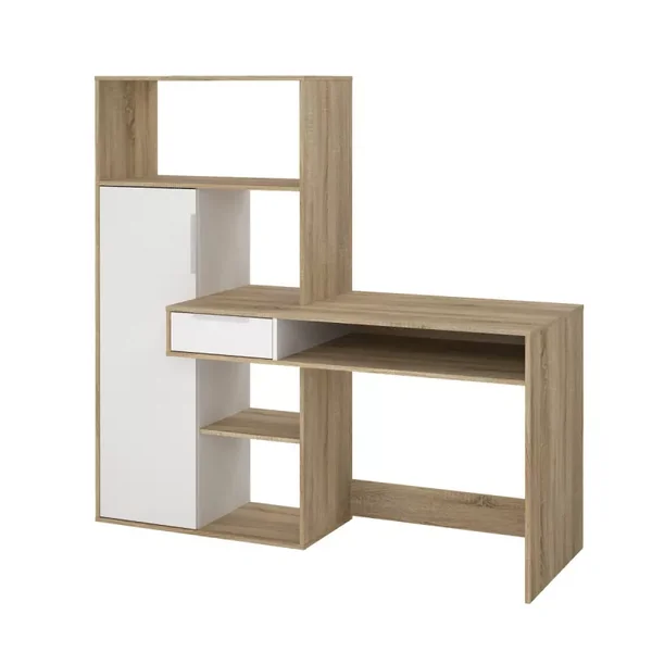 Bureau 1 tiroir, 1 porte, 5 niches décor chêne et blanc L162,8 cm - FUNCTION