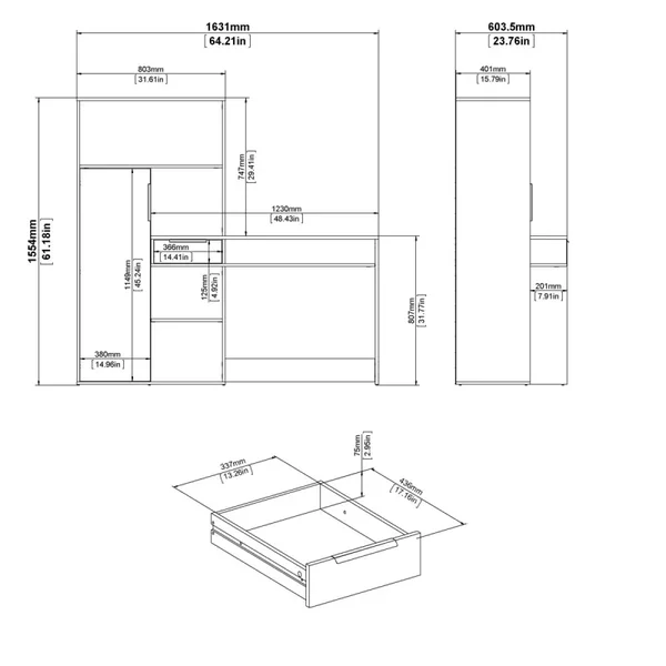 Bureau 1 tiroir, 1 porte, 5 niches décor chêne et blanc L162,8 cm - FUNCTION