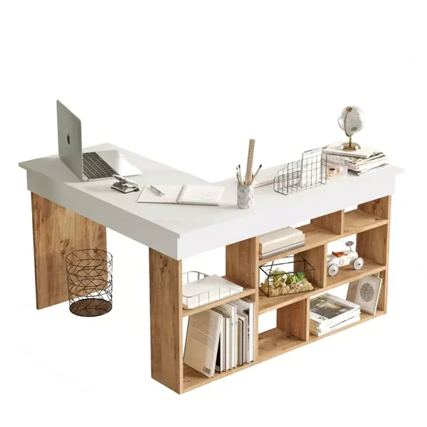 Bureau avec étagères de rangement décor bois pin et blanc L180 cm