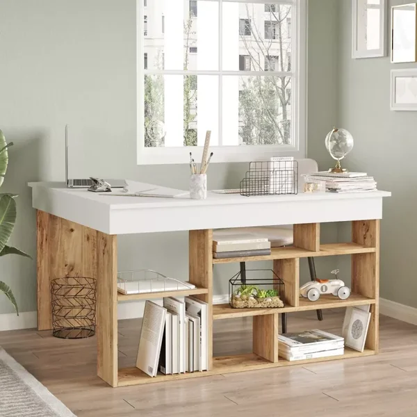 Bureau avec étagères de rangement décor bois pin et blanc L180 cm