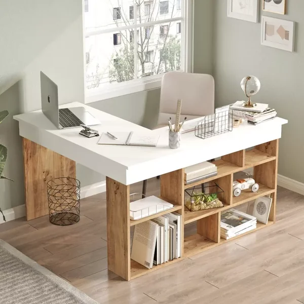 Bureau avec étagères de rangement décor bois pin et blanc L180 cm