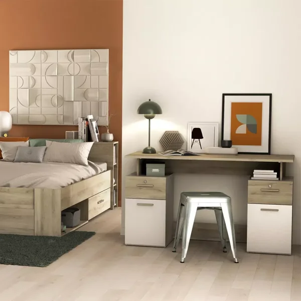 Bureau Double Caisson, Décor Bois et Blanc - L134,8 cm - Platon