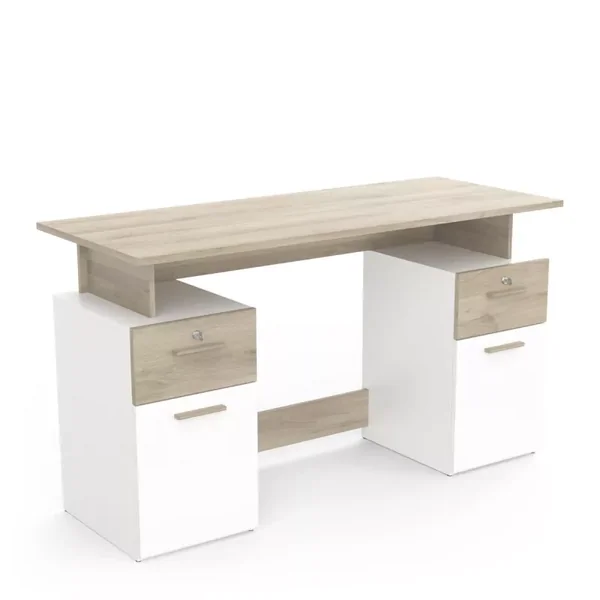 Bureau Double Caisson, Décor Bois et Blanc - L134,8 cm - Platon