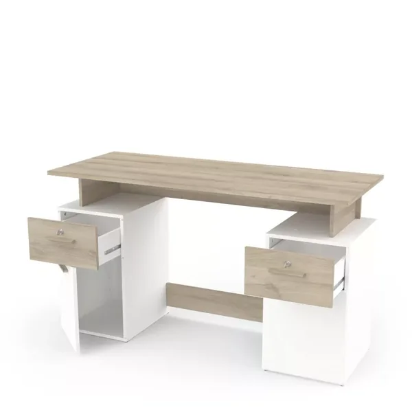 Bureau Double Caisson, Décor Bois et Blanc - L134,8 cm - Platon