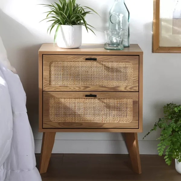 Chevet 2 Tiroirs décor bois avec Façades en Rotin L45 cm - ALIA