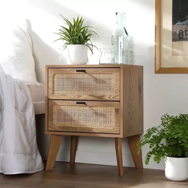 Chevet 2 Tiroirs décor bois avec Façades en Rotin L45 cm - ALIA