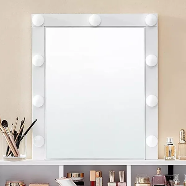 Coiffeuse blanche avec miroir à ampoules et 2 tiroirs - L80 x H145 cm
