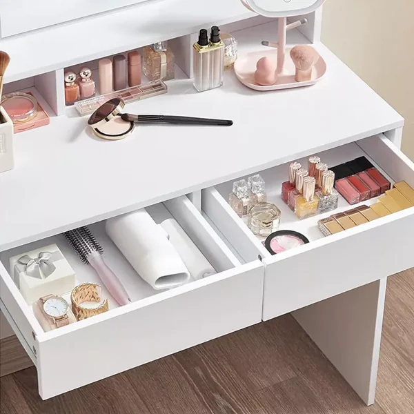 Coiffeuse blanche avec miroir à ampoules et 2 tiroirs - L80 x H145 cm
