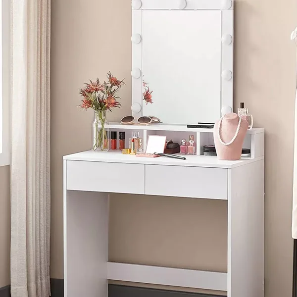 Coiffeuse blanche avec miroir à ampoules et 2 tiroirs - L80 x H145 cm