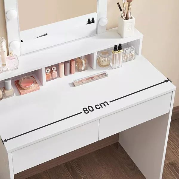 Coiffeuse blanche avec miroir à ampoules et 2 tiroirs - L80 x H145 cm