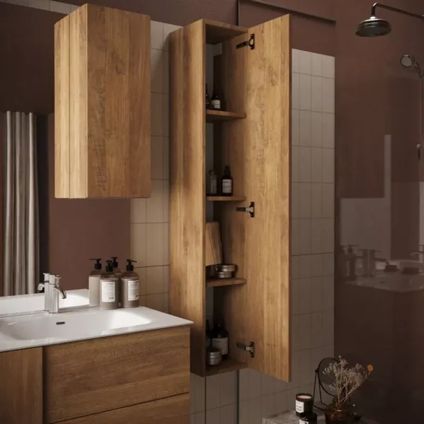 Colonne de rangement suspendue 1 porte décor bois foncé H138 cm - JUPITER