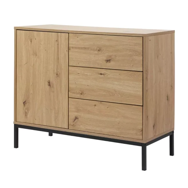 Commode 1 Porte 3 Tiroirs Décor Chêne L90 x H80 cm - LENNY
