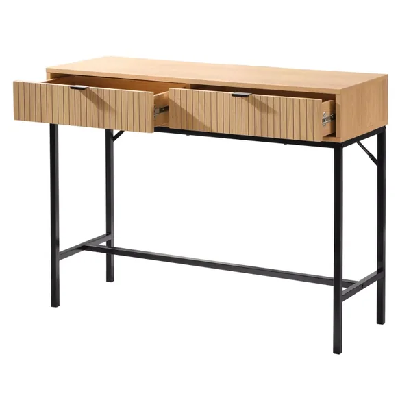 Console 2 Tiroirs Façade Effet Bois Rainuré L100 x H80 cm - TARA